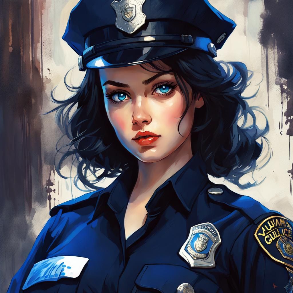 Portrait Police Woman dark hair cute big blue eyes wearing u...