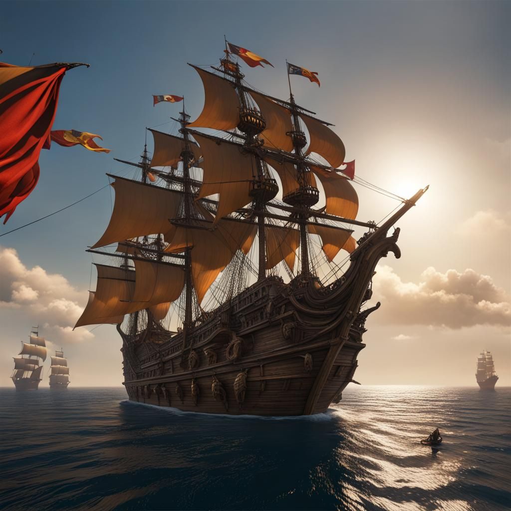 Grand Galleon on Open Sea: Detailed Matte Painting