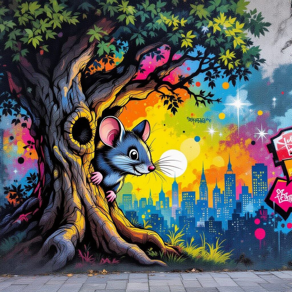 Vibrant Street Art Mural of a Mouse and Ancient Tree