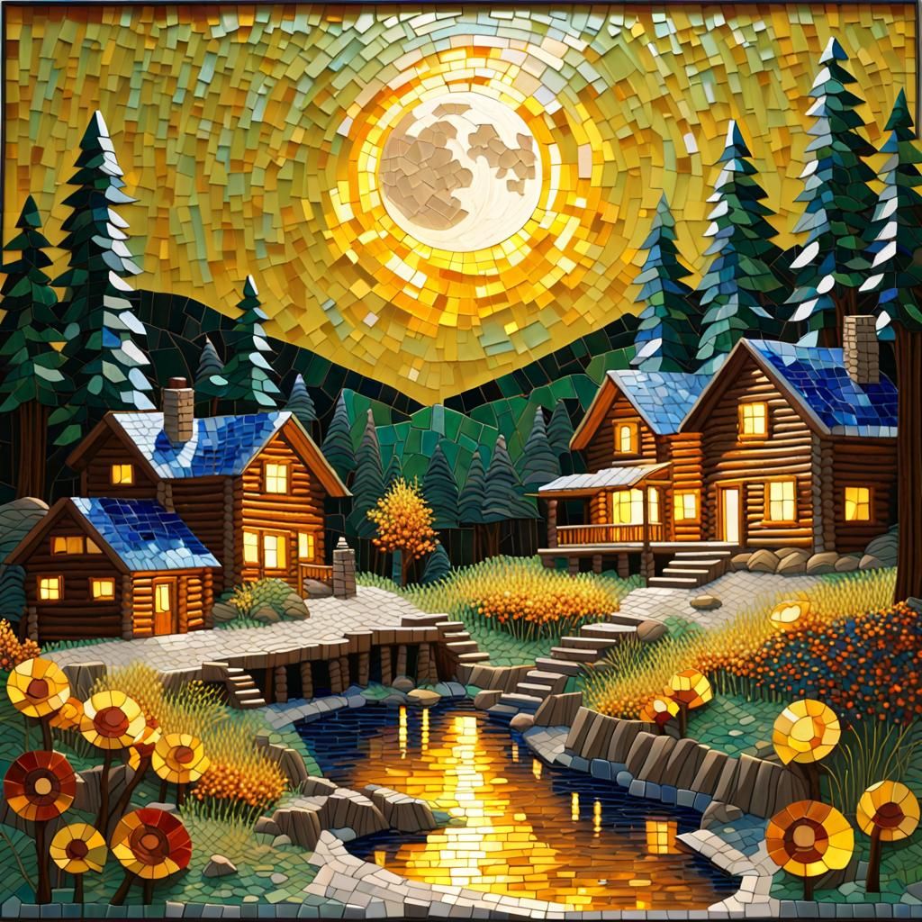 Glass Mosaic of a Log Cabin Village Under a Stunning Harvest Moon
