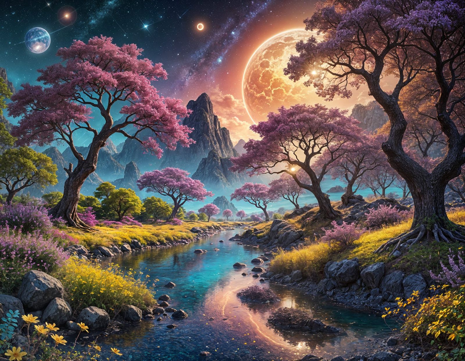 Exotic Purple Planet Landscape with Golden Flora