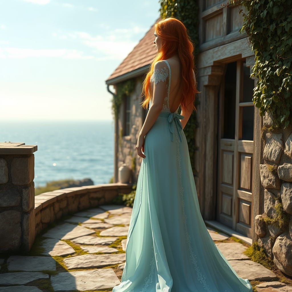 Elegant Lady in Country House Patio Scene