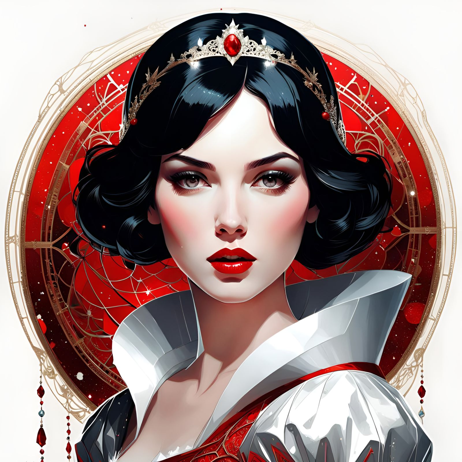 Princess Snow White Portrait with Red Filigree
