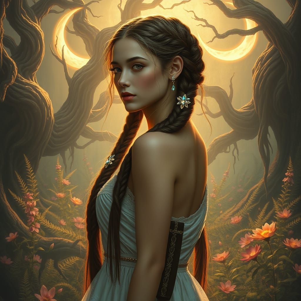 Woman with Braids in Mystical Realm