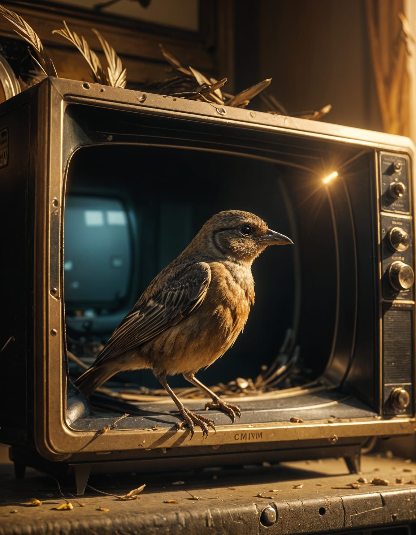 Bird Resides in Broken CRT TV During Golden Hour