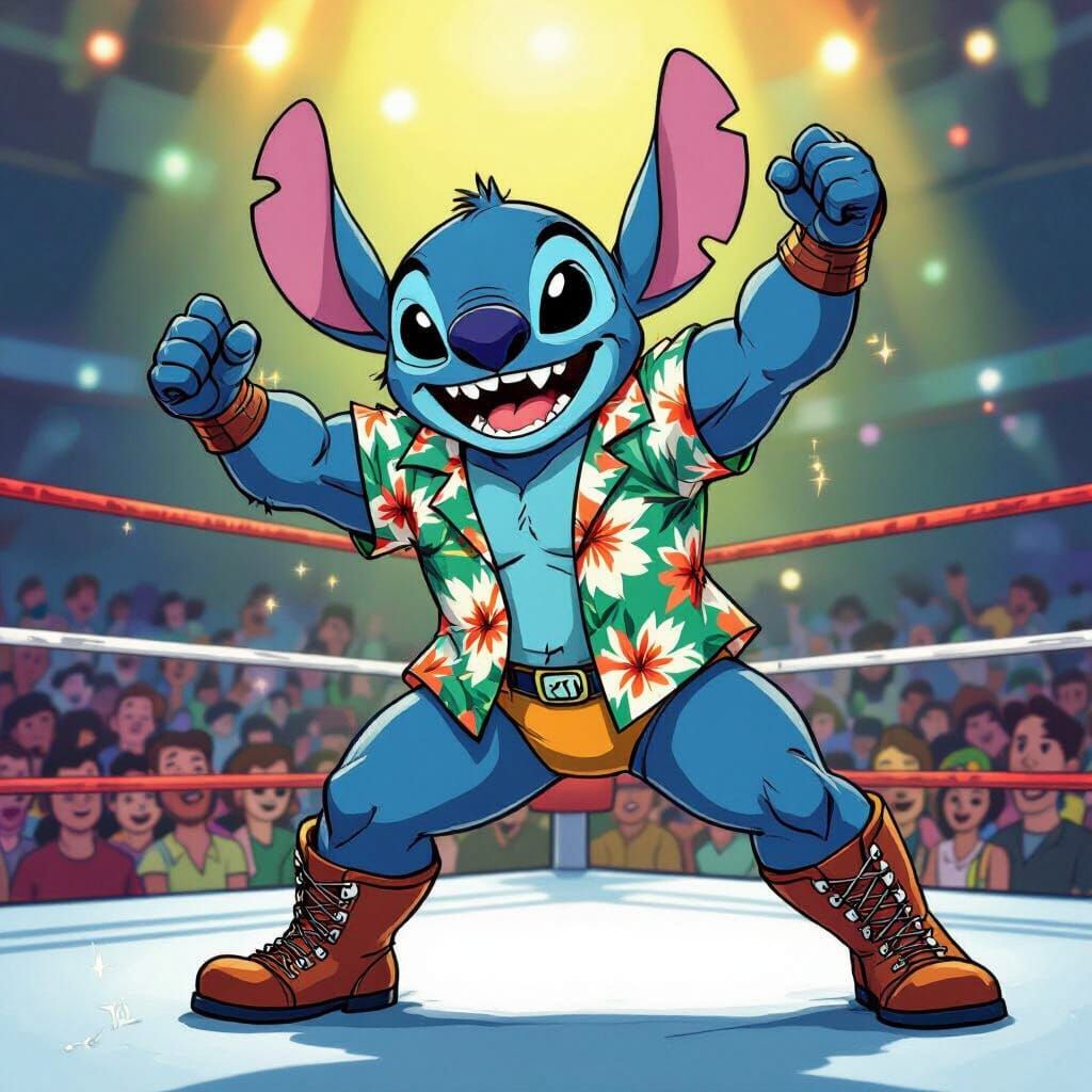 Stitch in WWE Wrestling Ring: Cartoon Style