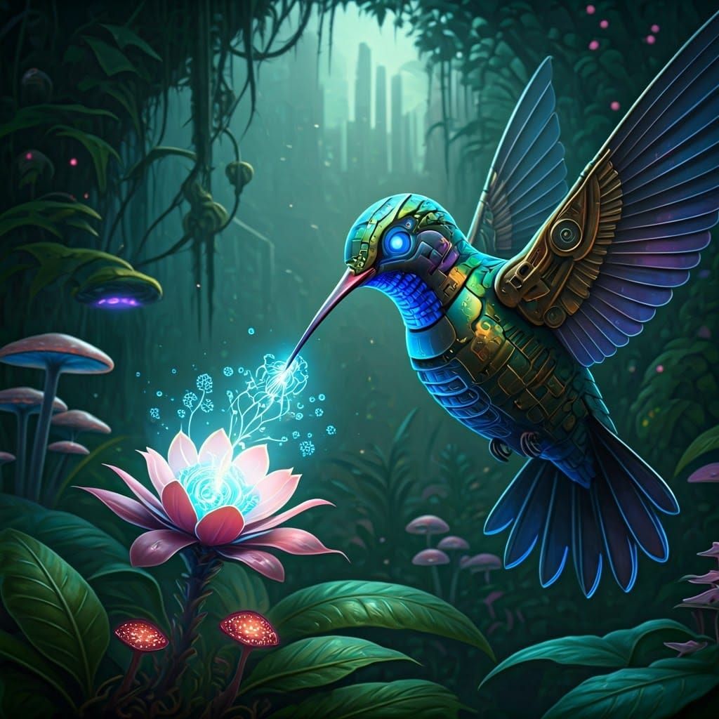 Cybernetic Hummingbird Dances Amidst Futuristic Garden