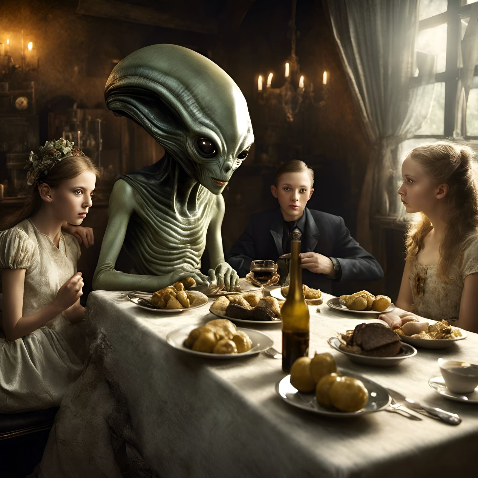 Exotic Aliens Feasting: Photorealistic Fine Dining
