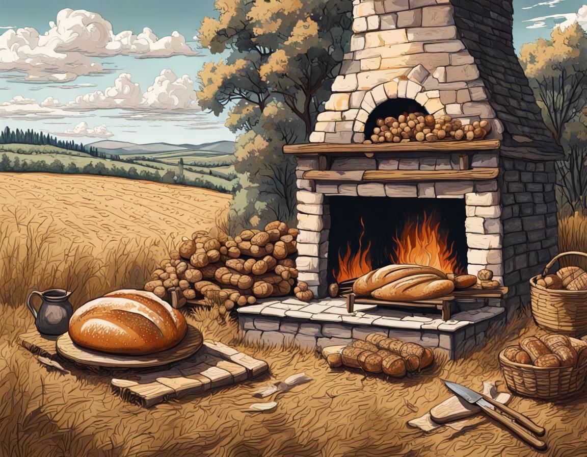 Old Baking Fireplace with Bread, Gouache Ink Drawing