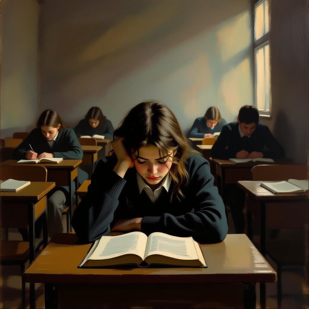 Student Slumps Head On Desk In Tired Classroom