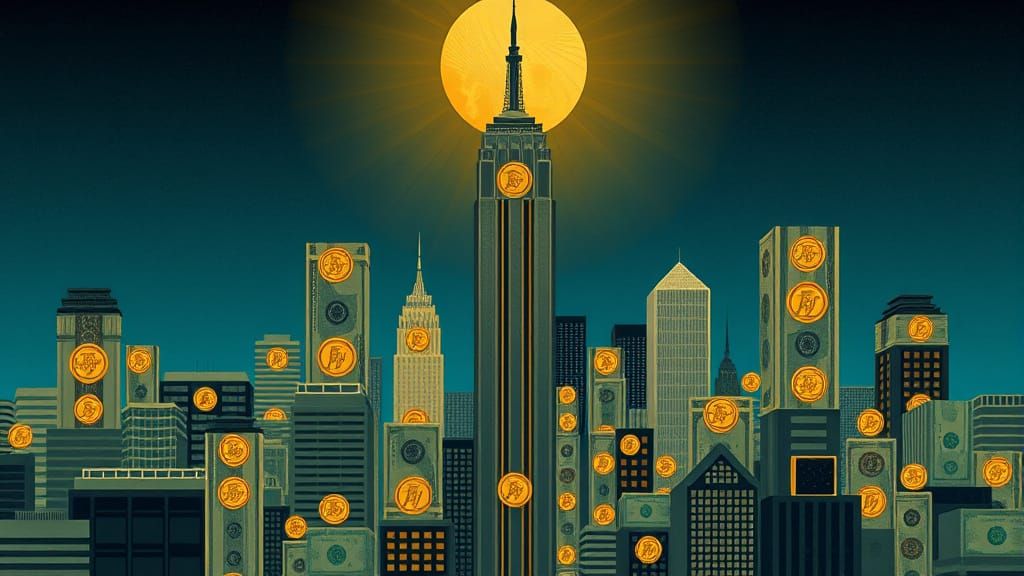 Art Deco Cityscape of Money and Coins