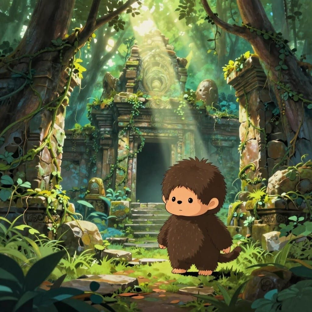 Monchhichi Explores Overgrown Temple Ruins in Ghibli Style