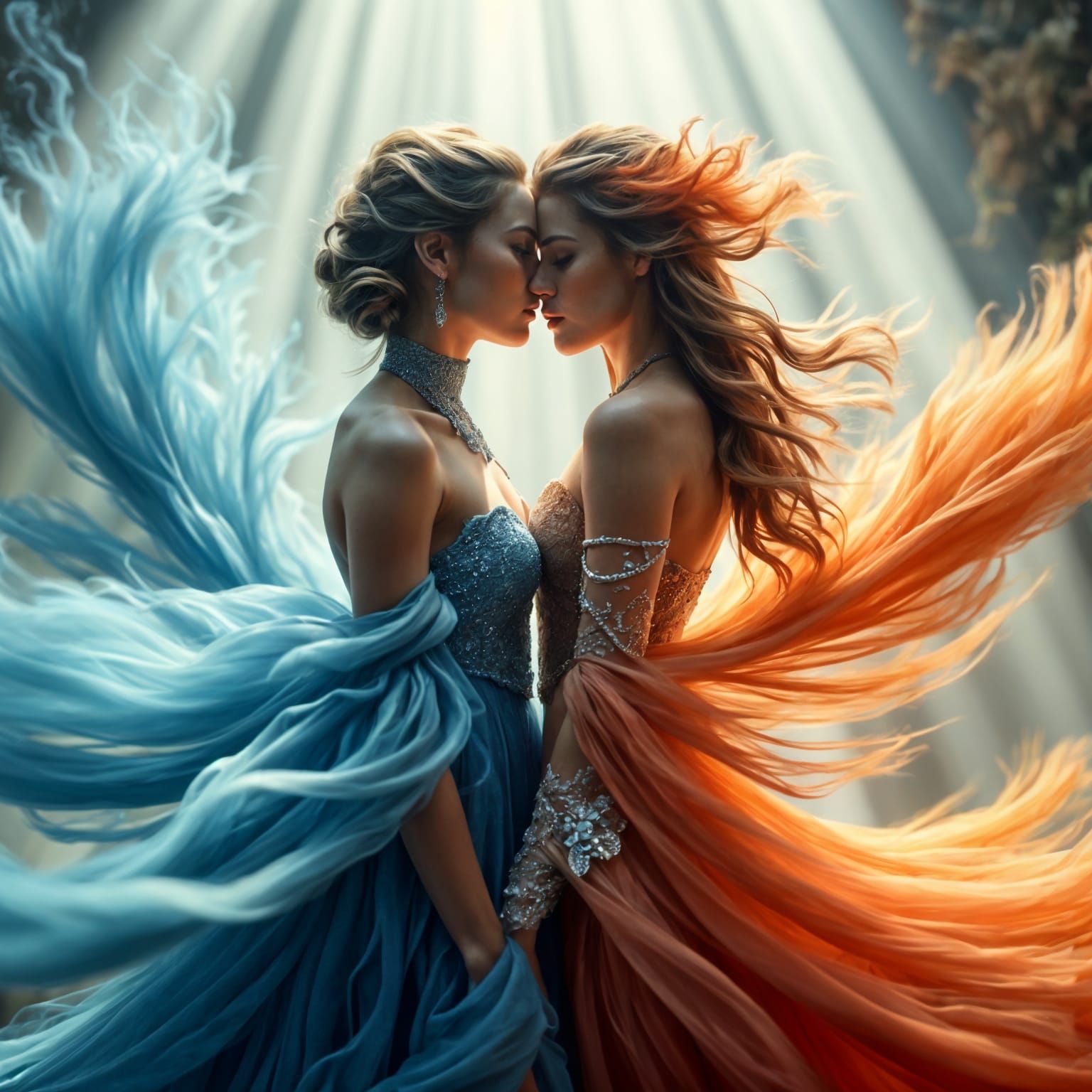 Elegant Women in Hyper-Realistic Blue and Orange Hues