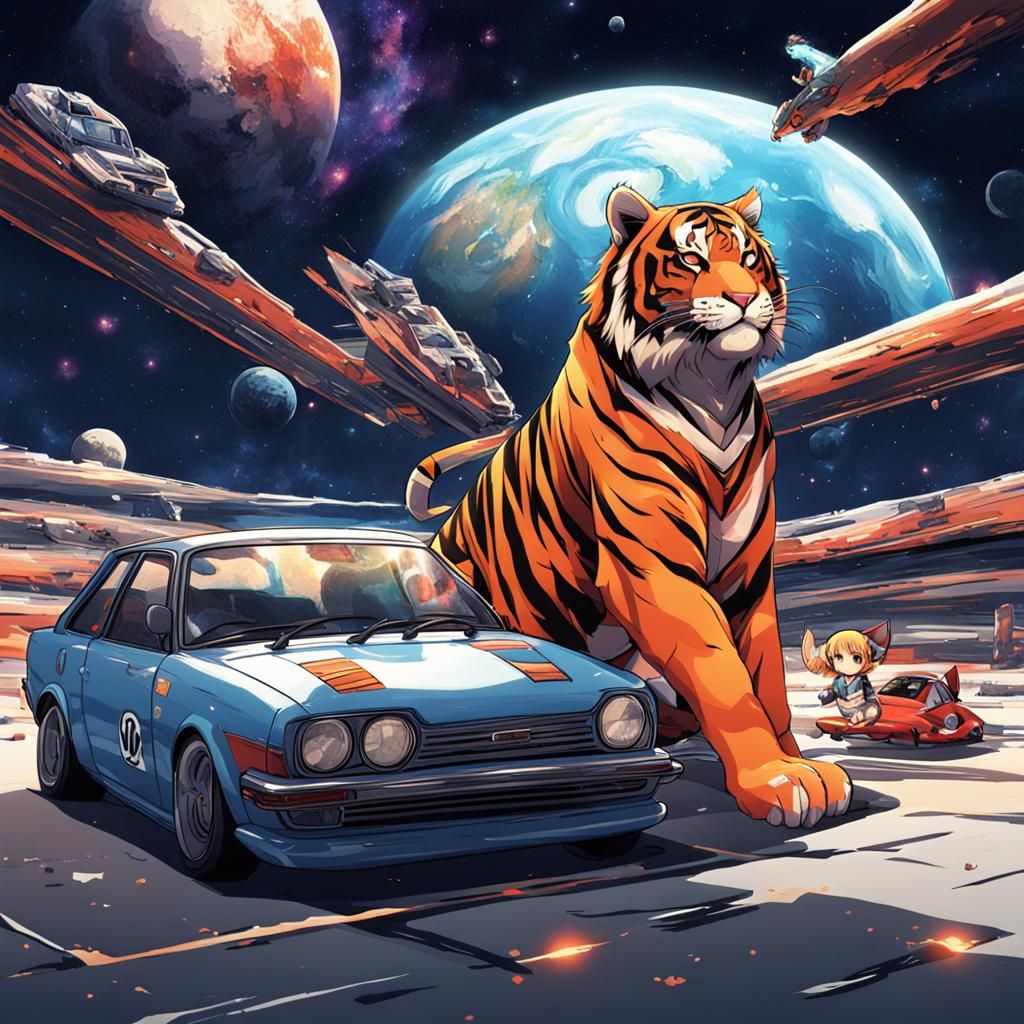 Space Tiger Drifting in JDM Car, Anime Style