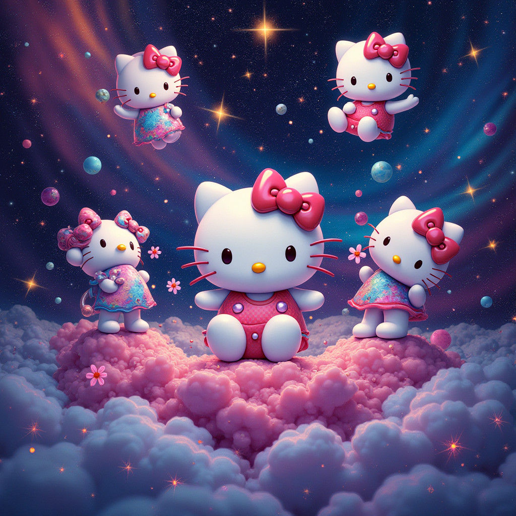 Iridescent Sanrio Characters in Dreamlike Cosmic Astral Scen...