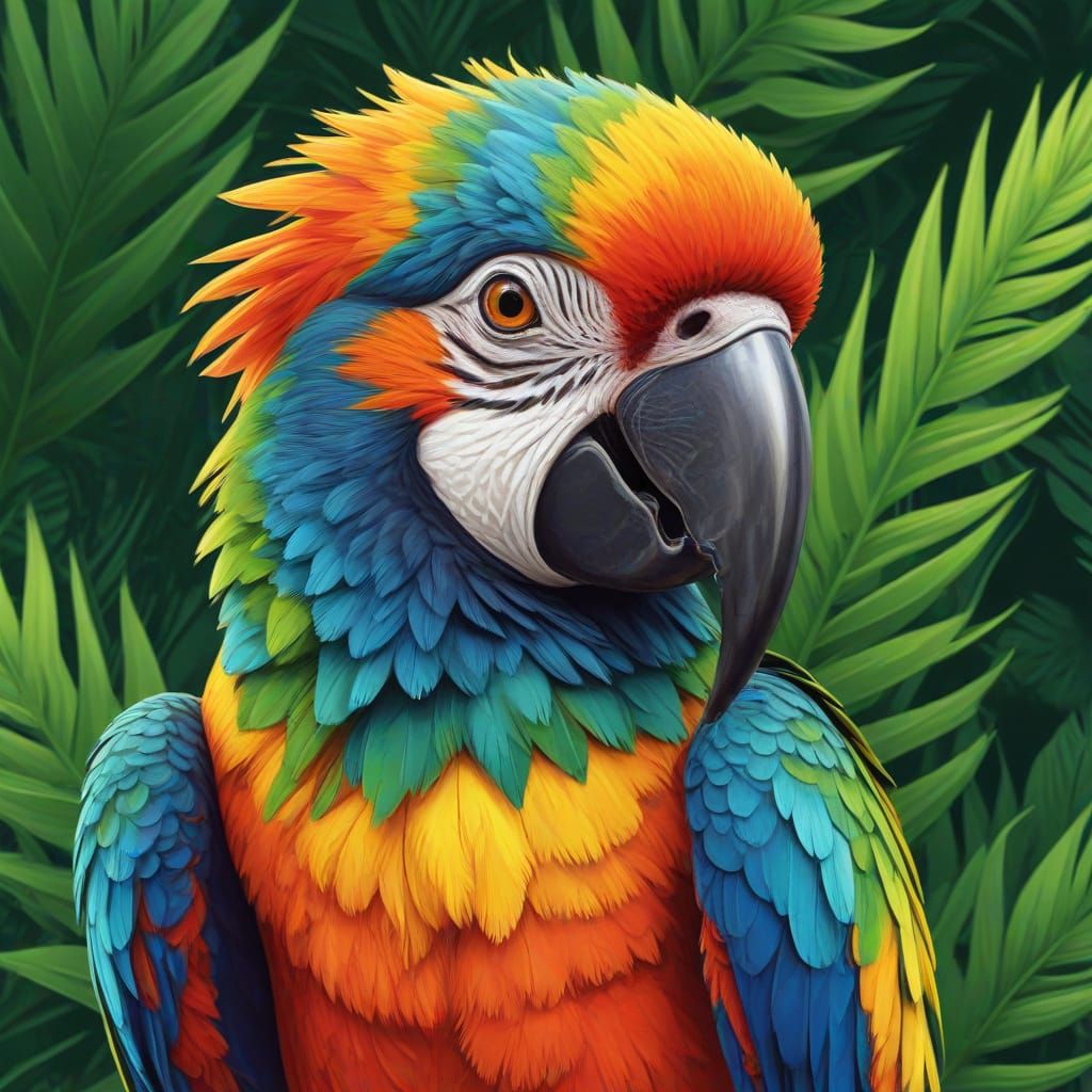 Vibrant Tropical Parrot Portrait in Exaggerated Cartoon Styl...