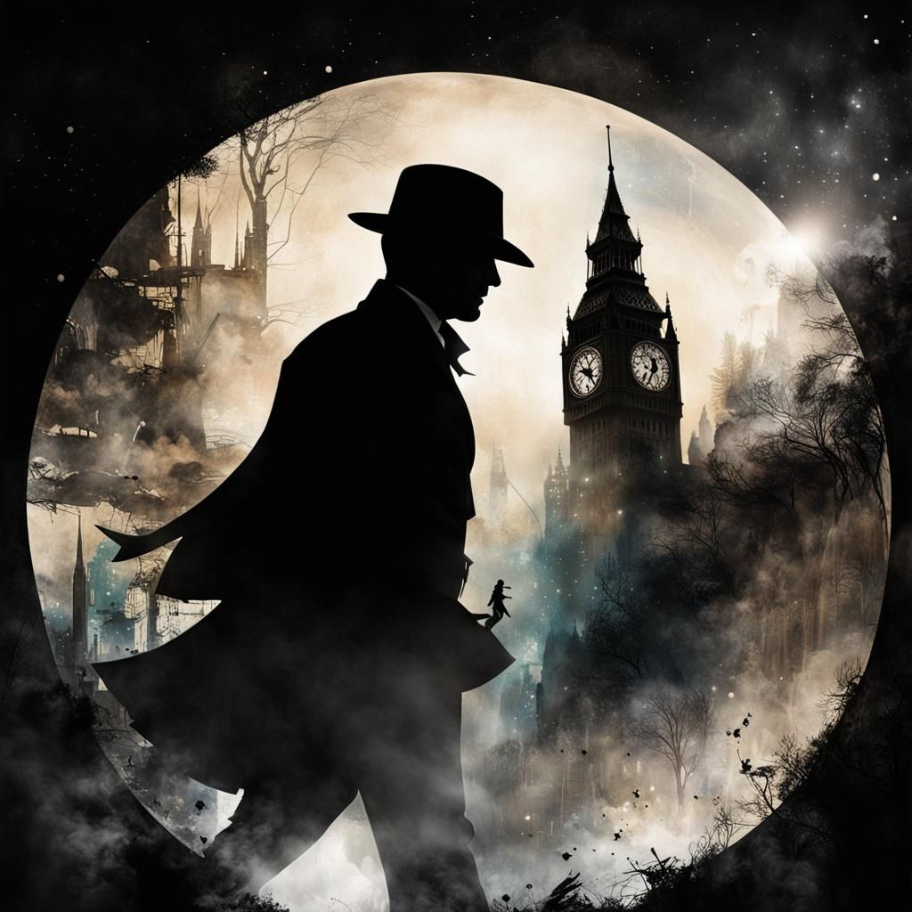 Noir Silhouette Running From Daylight, Double Exposure Ink A...