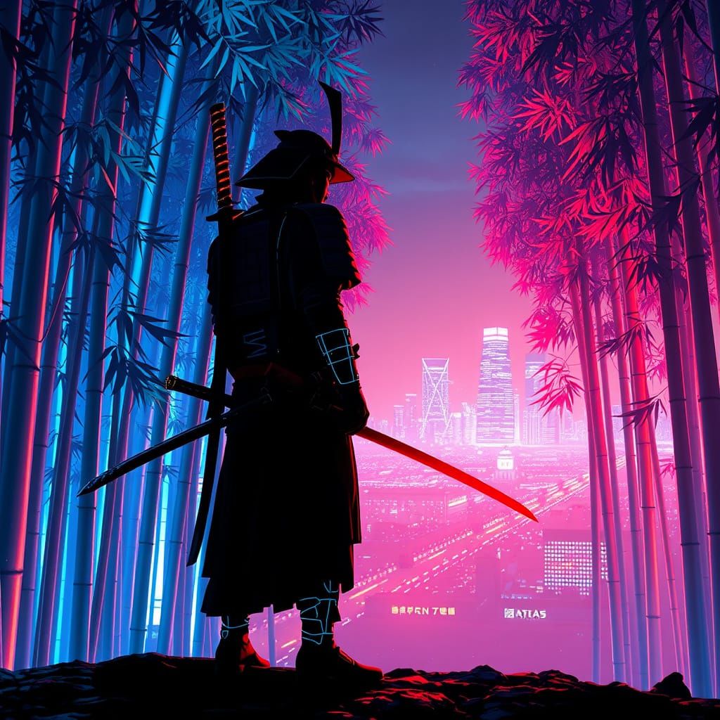 Neon Samurai in Cyberpunk Bamboo Forest