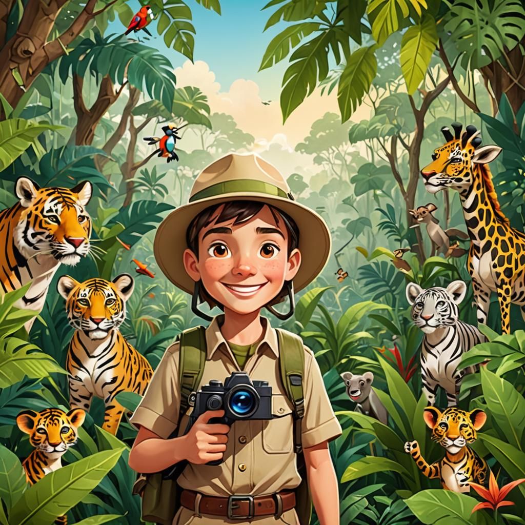 Cartoon Portrait: Young Explorer in Animated Jungle