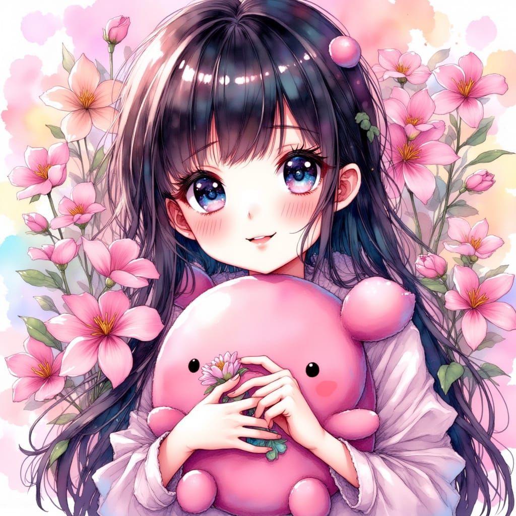 Smiling Girl with Plushy in Anime Key Visual Style