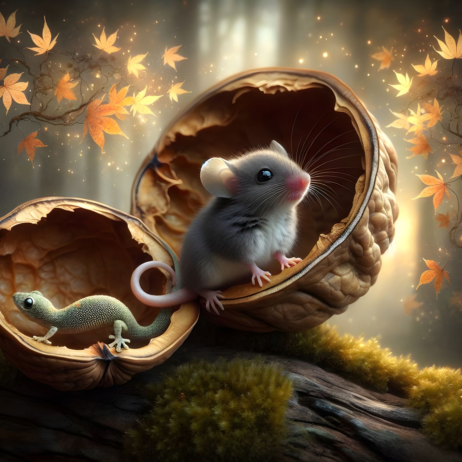 Cosy Forest Scene with Whimsical Creatures