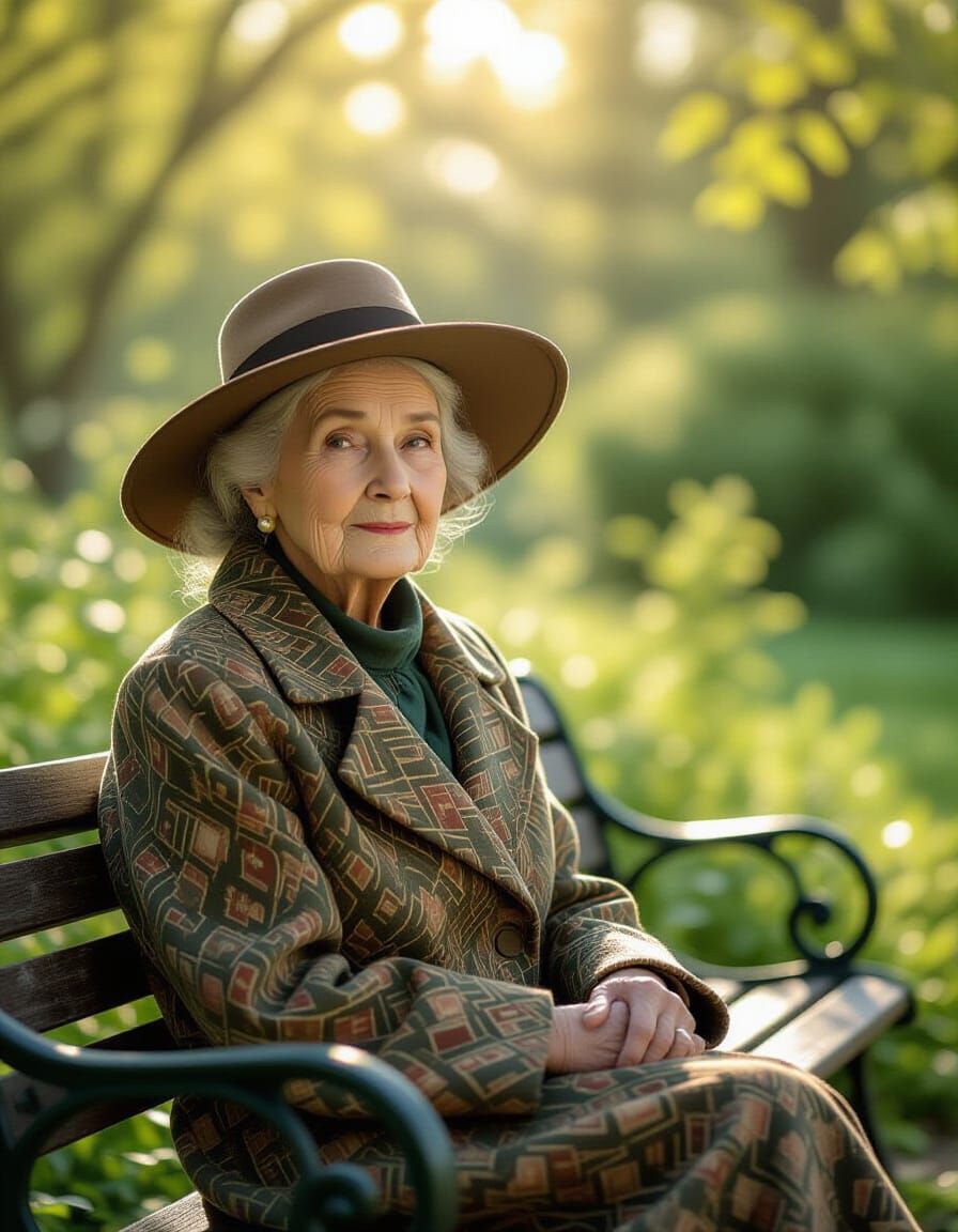 Elderly Woman in Overgrown Garden, Hyperrealistic Digital Ar...