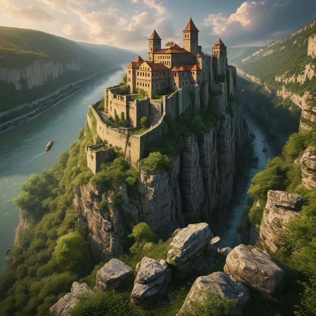 Weathered Fortress on Cliffside Overlooks Danube River in Wa...