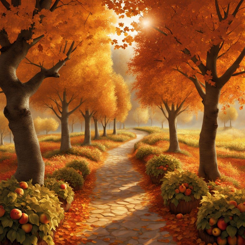 Autumn Orchard Path Bathed in Golden Hour Sunlight