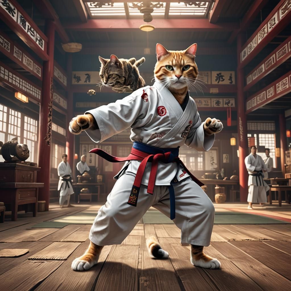 Karate Cat in Dojo: Detailed Matte Painting