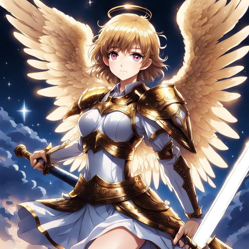 Metallic Angel Soaring Through Starry Sky in Anime Style