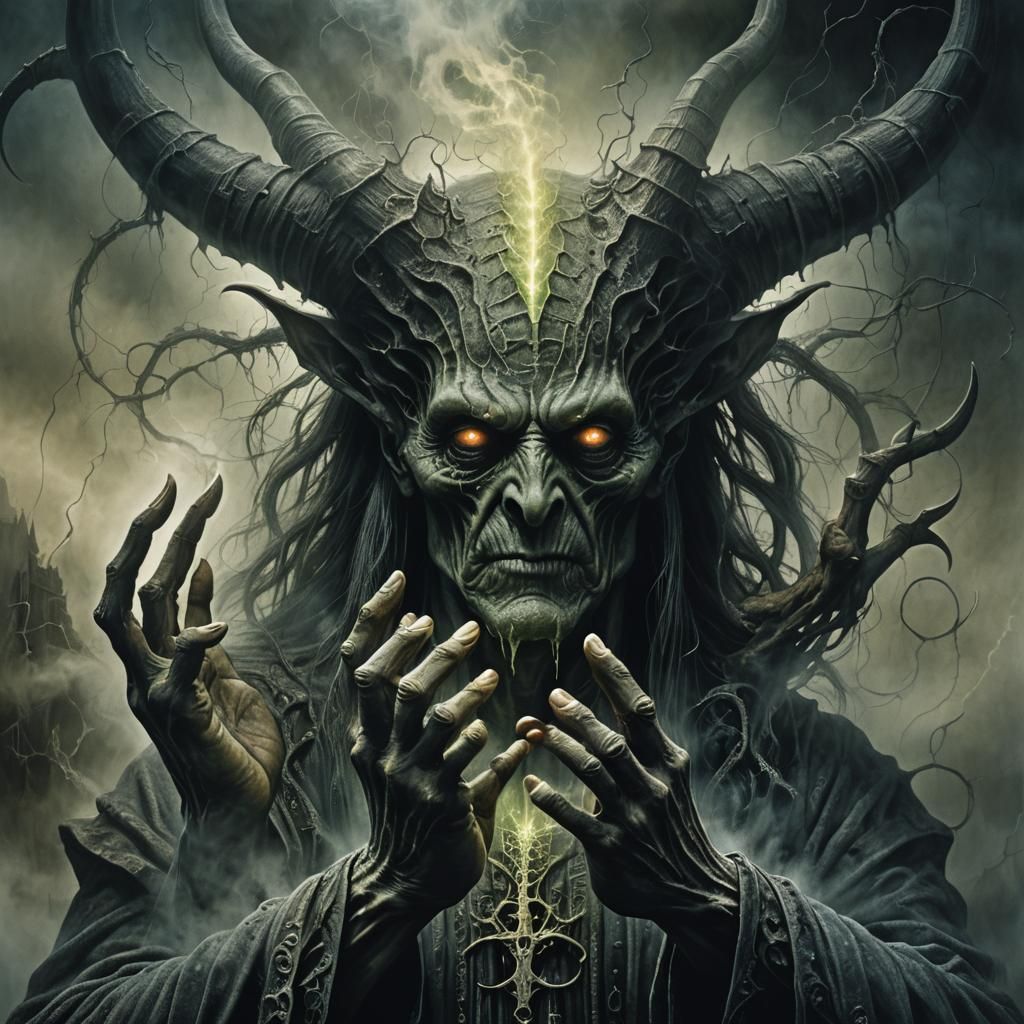 Demonic Sorcerer Conjuring Spell in Dark Fantasy Art