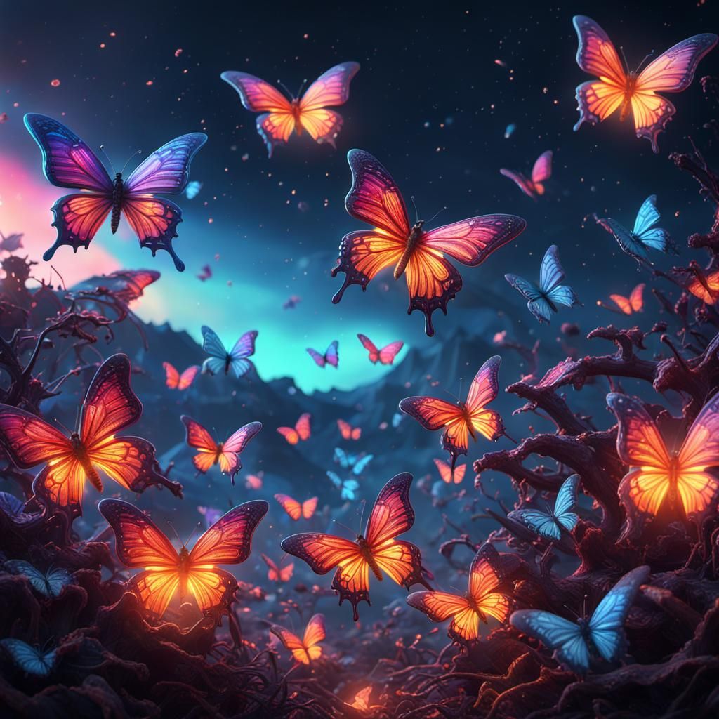 Neon Crystal Butterflies in Sunrise: Digital Art