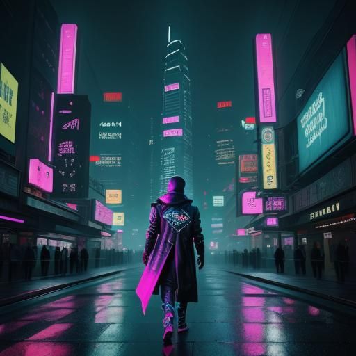 Cyberpunk 2099 Cityscape with Figure in Rain