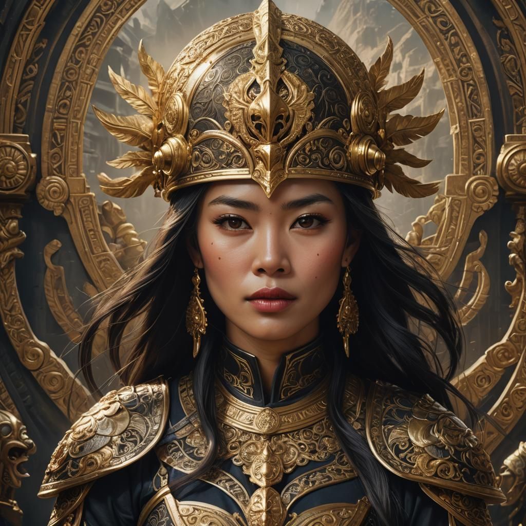 Hyperrealistic Portrait of Filipino Woman with Golden Helmet