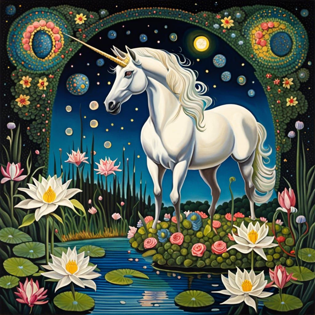 Unicorn in Starry Night Pond: Surreal Pop Art