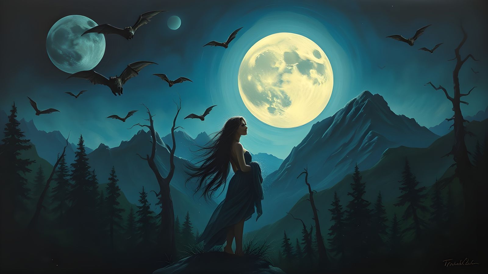 Ethereal Woman in Moonlit Forest, Surreal Oil Painting