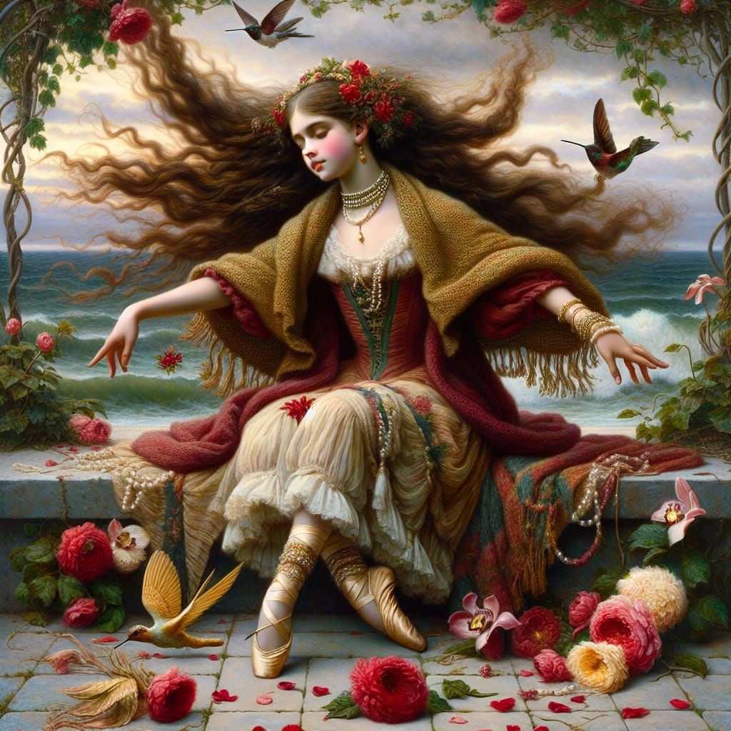 Ballerina in Coastal Courtyard, Pre-Raphaelite Style