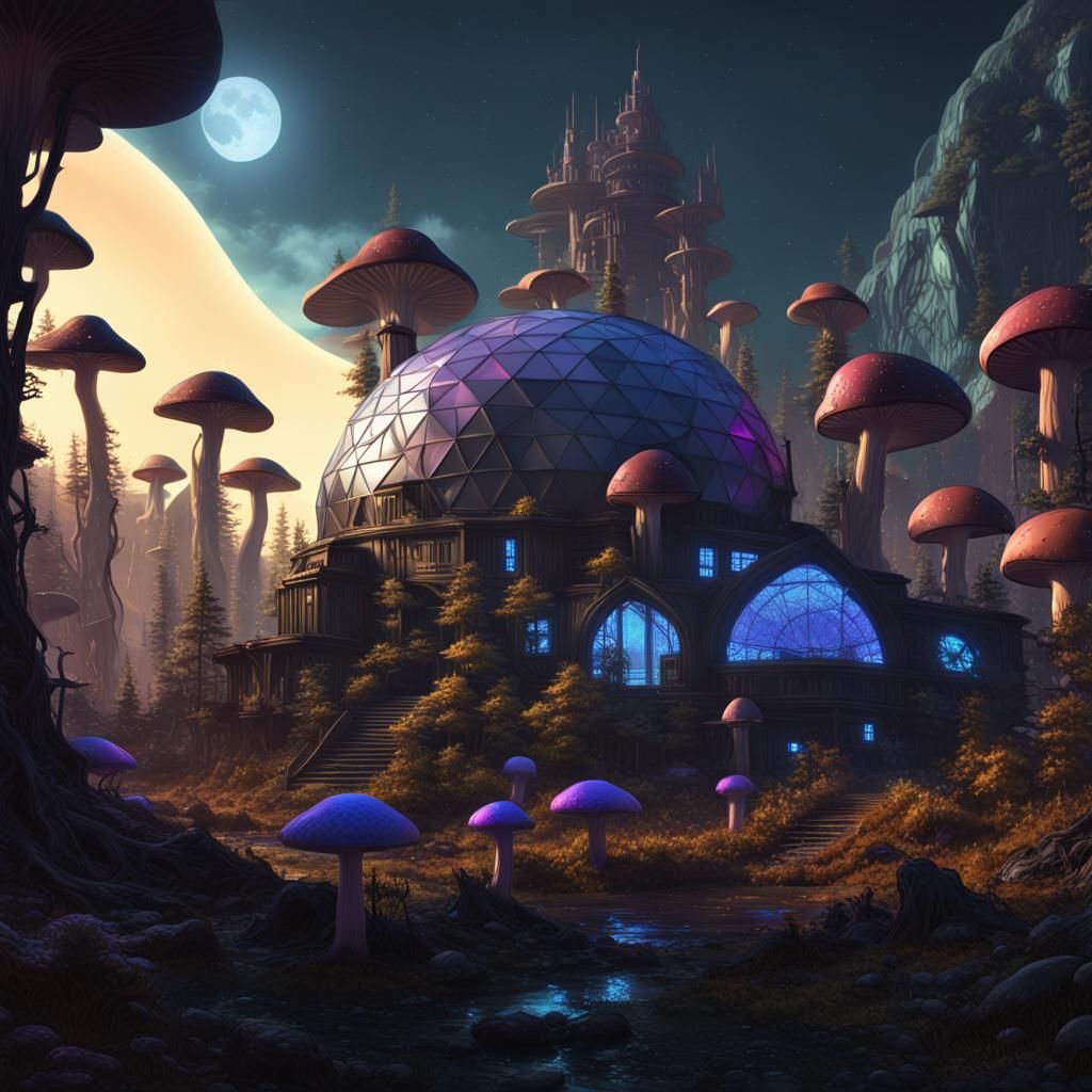 Geodesic Dome City in Giant Mushroom Forest