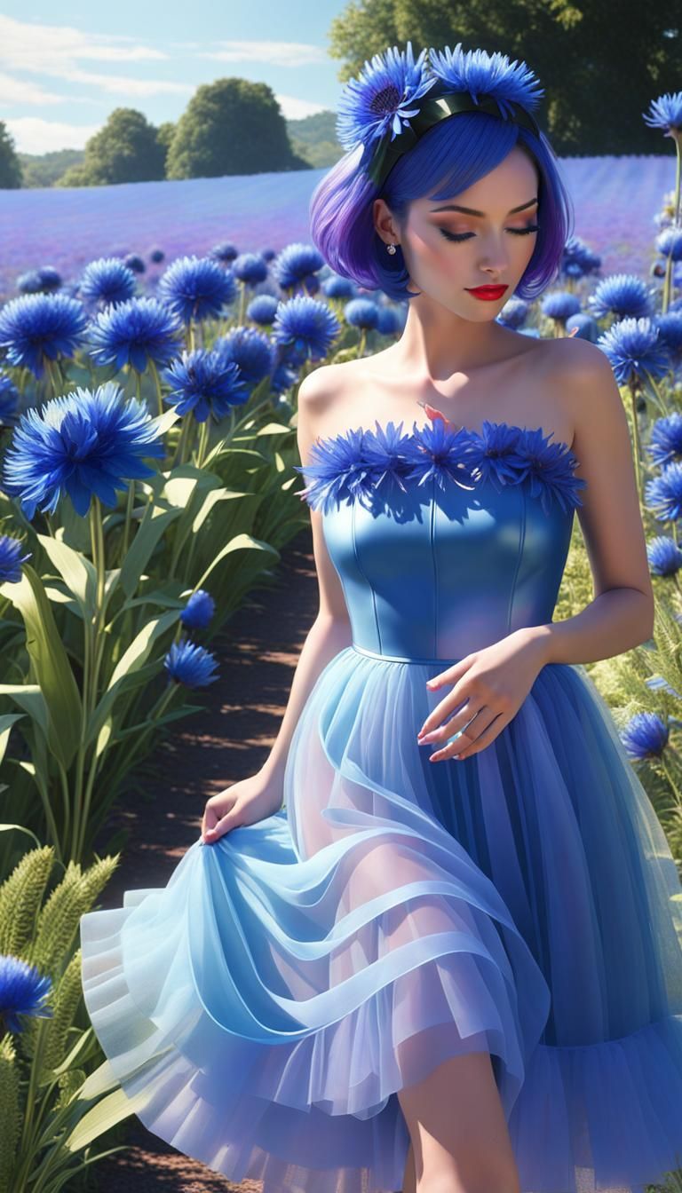 Cornflower Dancer in French Garden, Hyperrealistic Neon Styl...