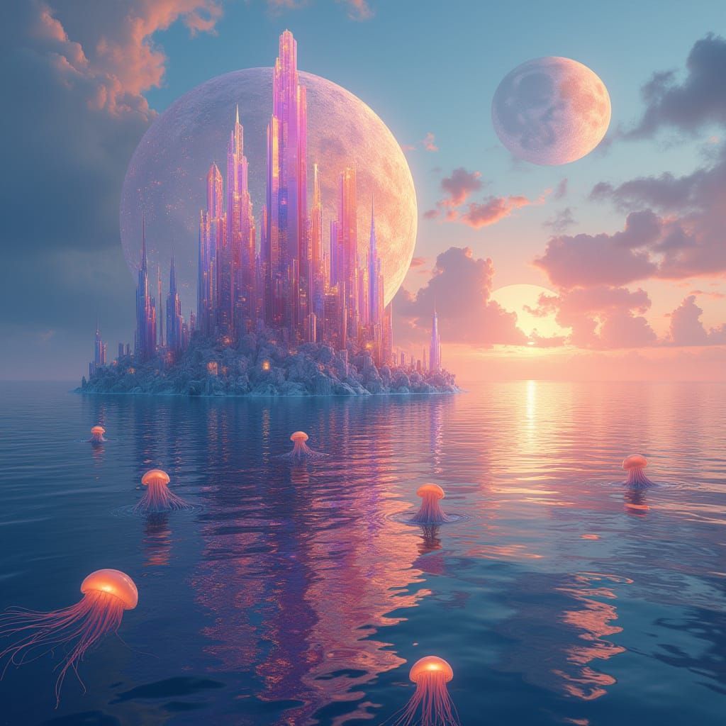 Surreal Crystal City at Sunset Over Serene Ocean