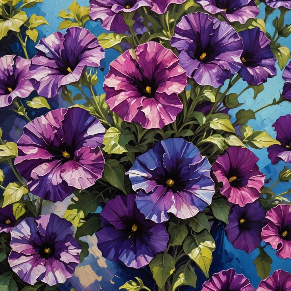 Purple Petunias as Neo-Impressionist Oil Painting