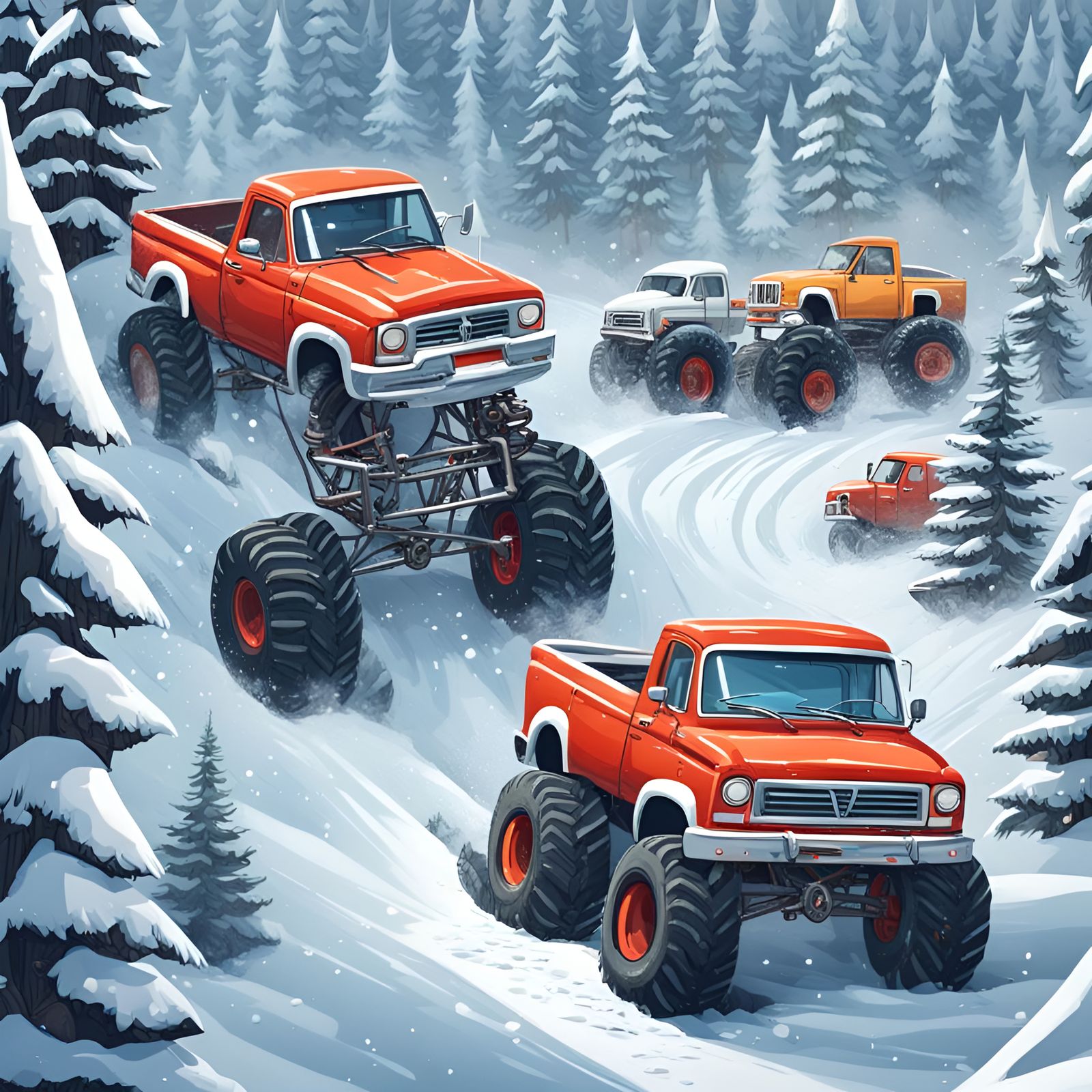 Monsters Trucks driving off-road in snowy winter forest