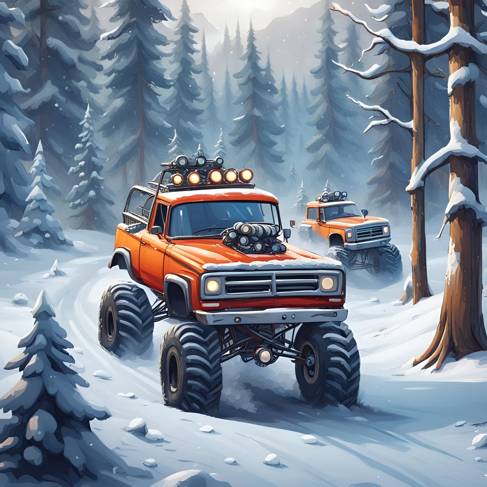 2 Monsters Trucks driving off-road in snowy winter forest