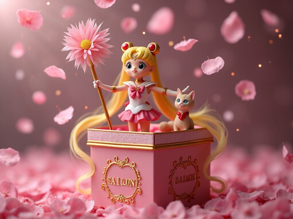 Sailor Moon Magical Art with Sailor Cat Figures in a Sparkli...