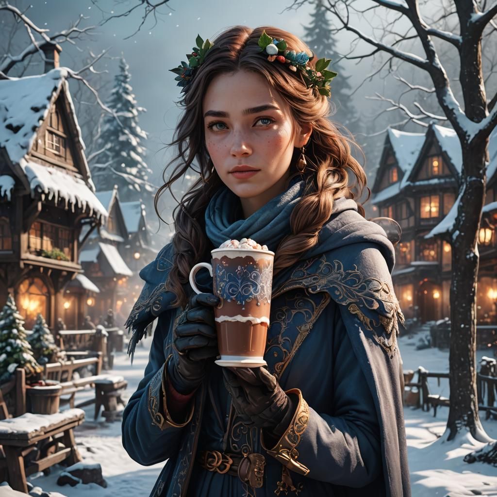 Cozy Winter Day: Woman Enjoying Hot Chocolate