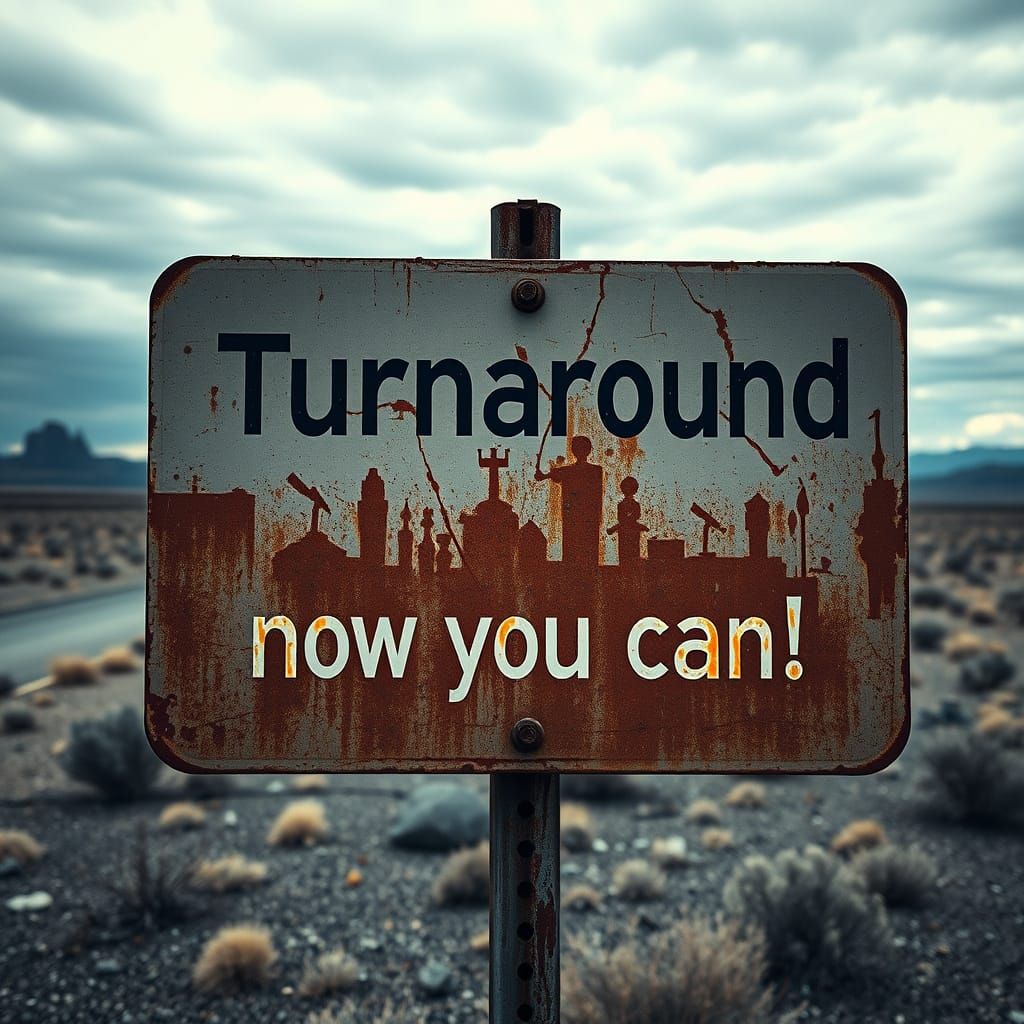 Weathered Road Sign in Desolate Landscape, Hyperrealistic St...