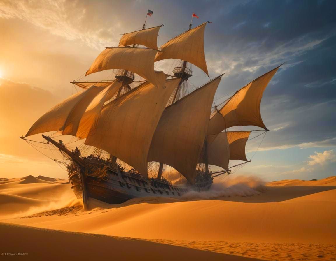 Galleon Sails Dune Sea at Sunset