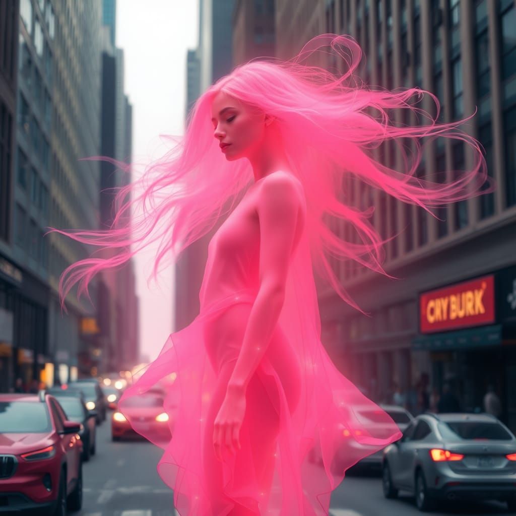 Ethereal Woman in Cityscape, as Digital Art