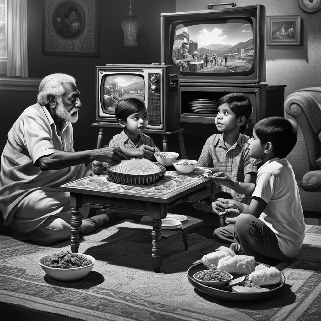Hyperrealistic Indian Family Watching Vintage TV