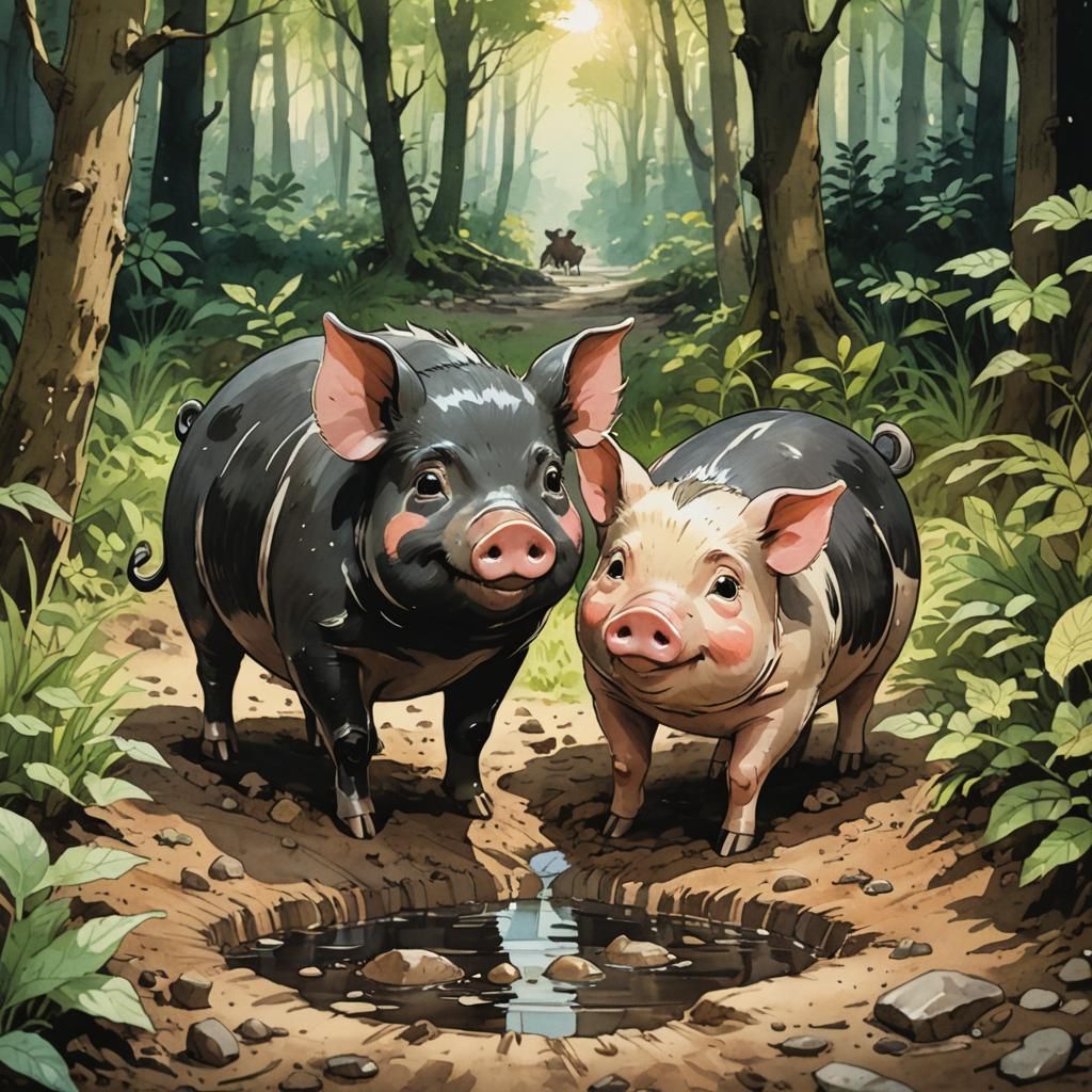Happy Cartoon Pigs in Mud, Ghibli-Inspired Animation